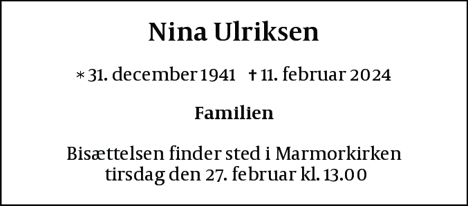 Dødsannonce for Nina Ulriksen
