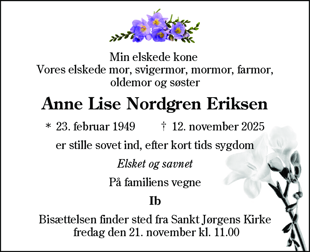 Dødsannonce for Anne Lise Nordgren Eriksen