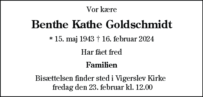 Dødsannonce for Benthe Kathe Goldschmidt