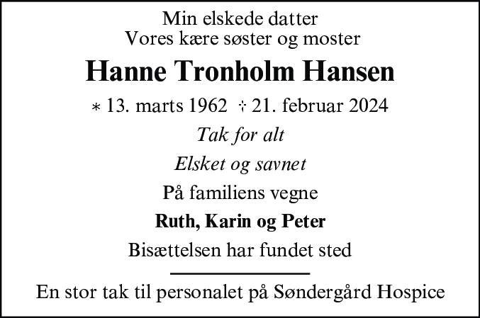 Dødsannonce for Hanne Tronholm Hansen
