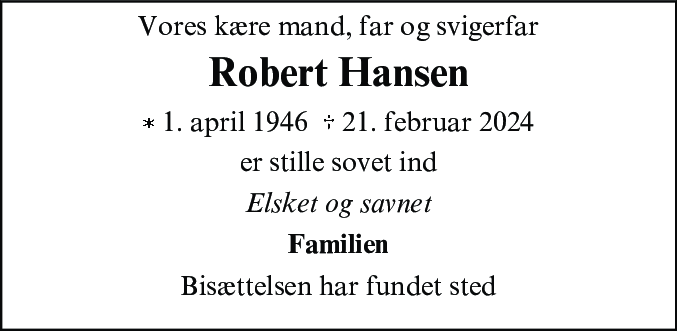 Dødsannonce for Robert Hansen