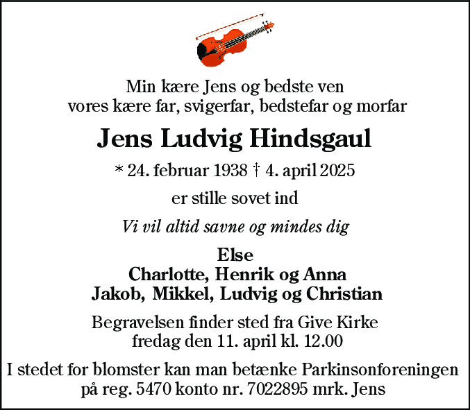 Dødsannonce for Jens Ludvig Hindsgaul