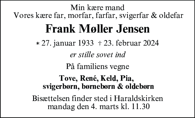Dødsannonce for Frank Møller Jensen