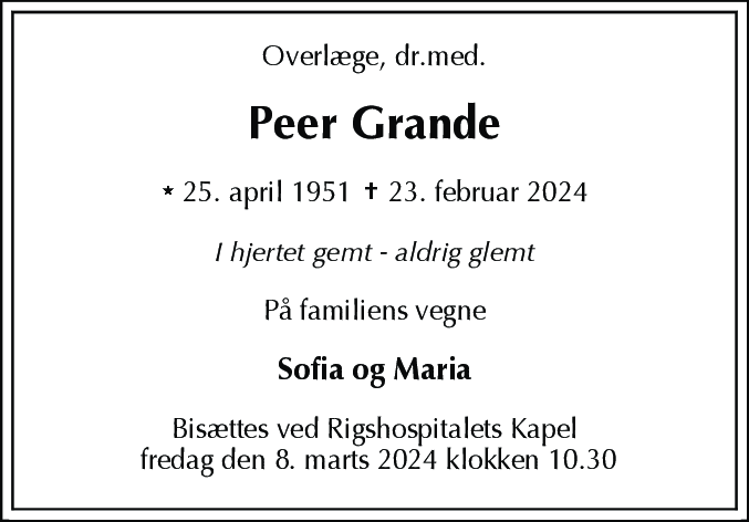 Dødsannonce for Peer Grande