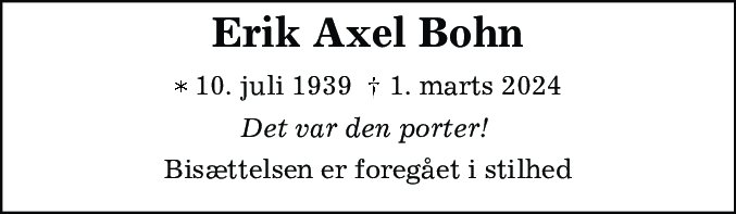 Dødsannonce for Erik Axel Bohn