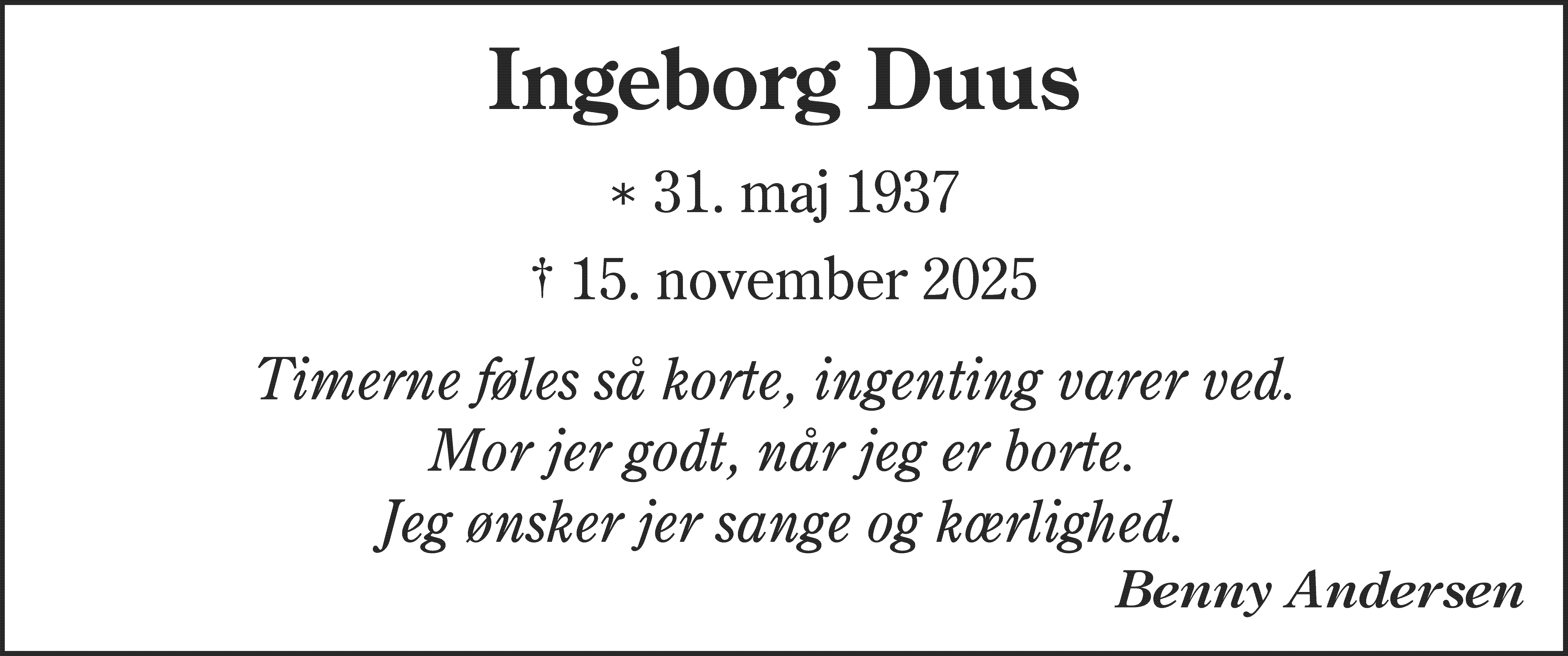 Dødsannonce for Ingeborg Duus