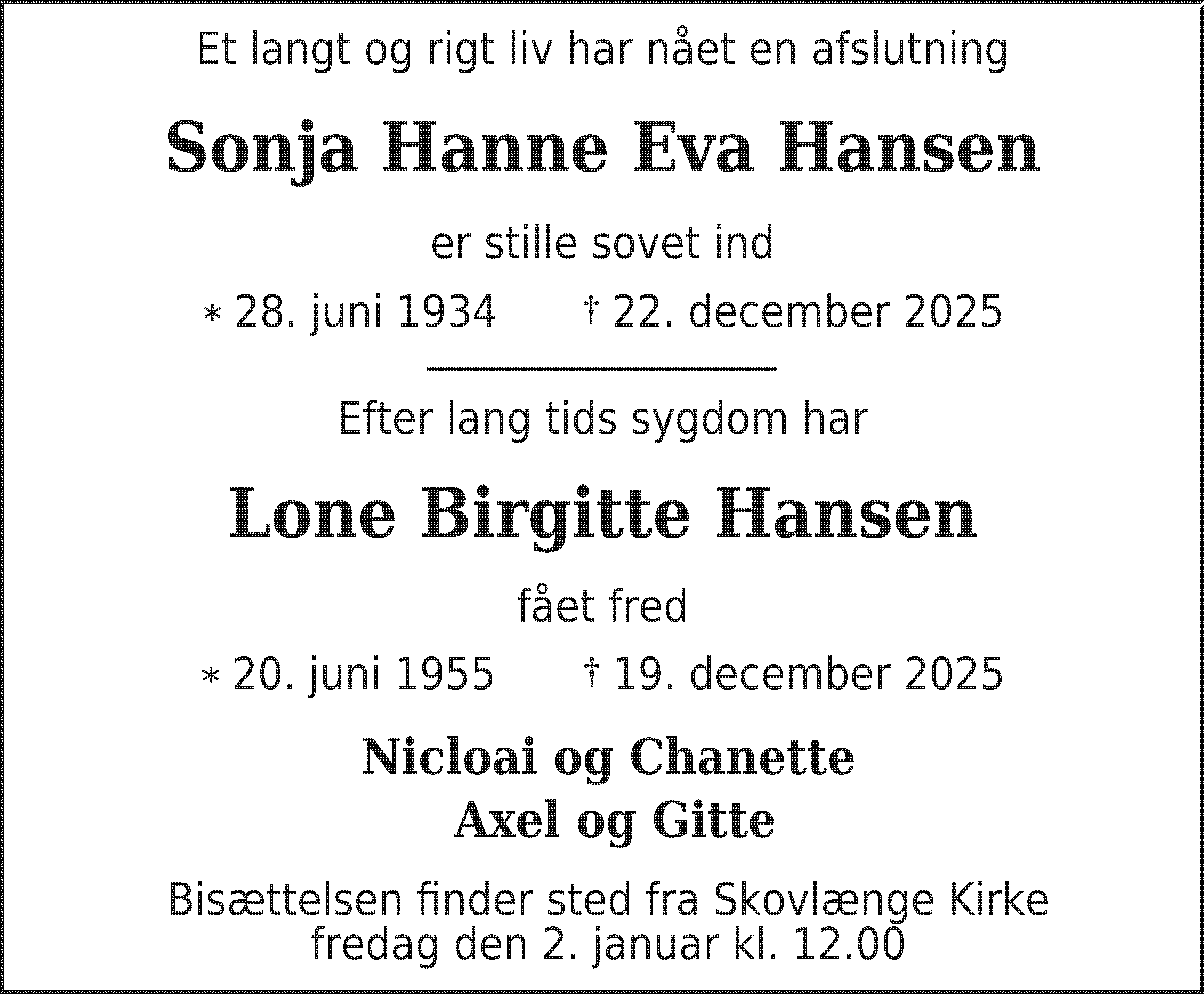 Dødsannonce for Sonja Hanne Eva Hansen