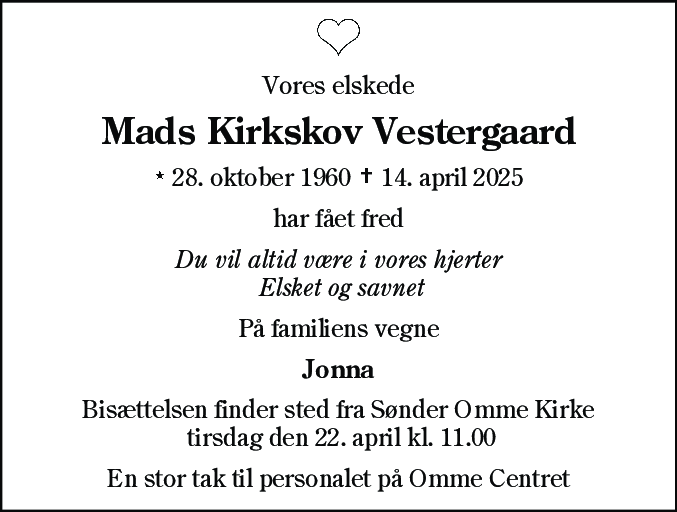 Dødsannonce for Mads Kirkskov Vestergaard
