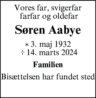 Dødsannonce for Søren Aabye