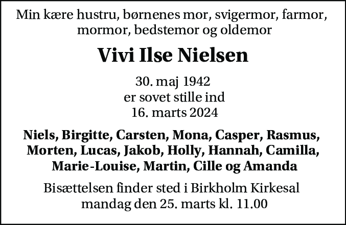 Dødsannonce for Vivi Ilse Nielsen