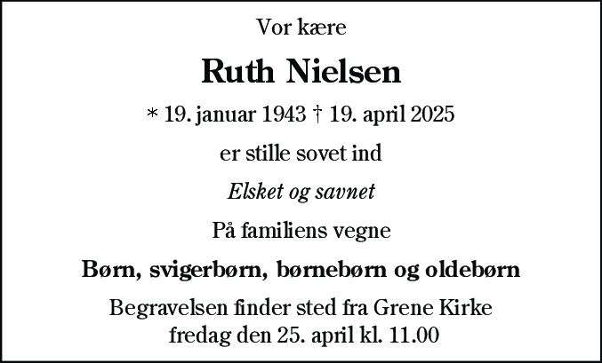 Dødsannonce for Ruth Nielsen