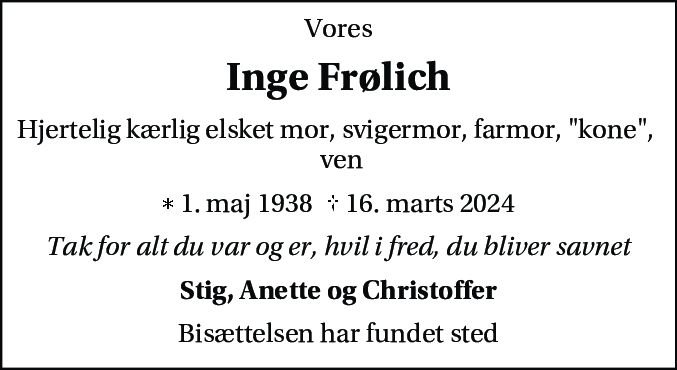 Dødsannonce for Inge Frølich