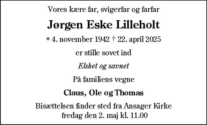Dødsannonce for Jørgen Eske Lilleholt