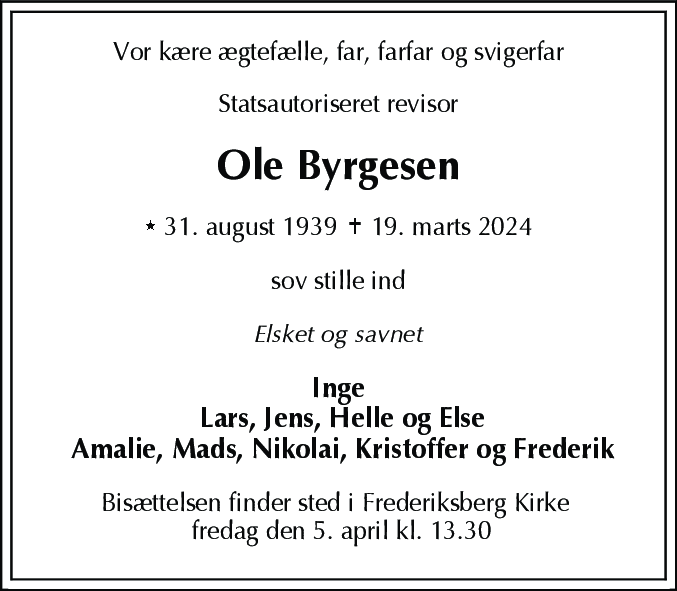 Dødsannonce for Ole Byrgesen