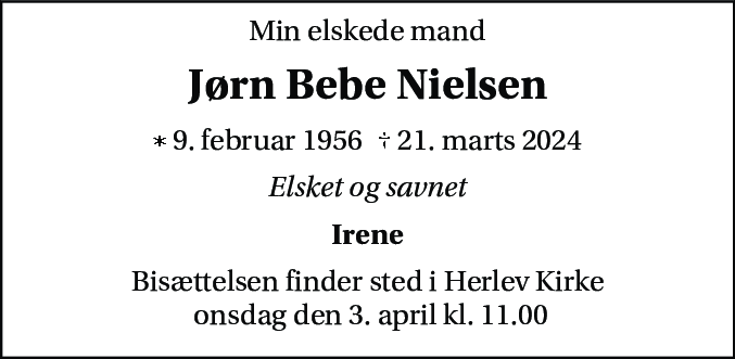 Dødsannonce for Jørn Bebe Nielsen