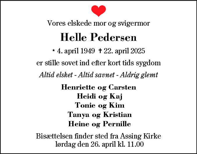Dødsannonce for Helle Pedersen