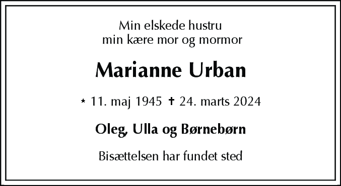 Dødsannonce for Marianne Urban