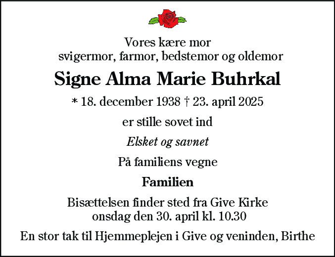 Dødsannonce for Signe Alma Marie Buhrkal