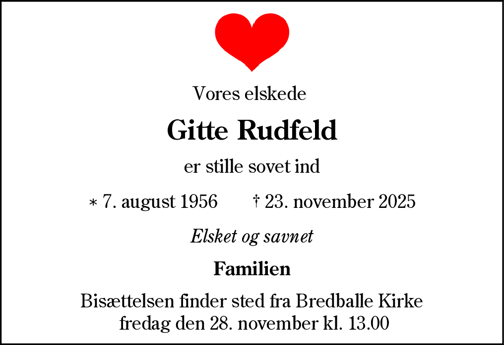 Dødsannonce for Gitte Rudfeld