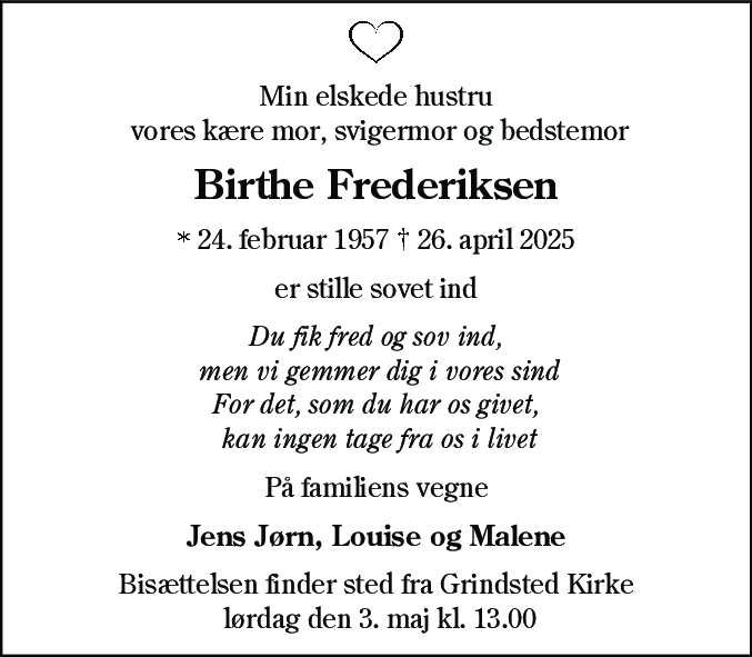 Dødsannonce for Birthe Frederiksen