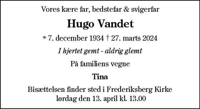 Dødsannonce for Hugo Vandet