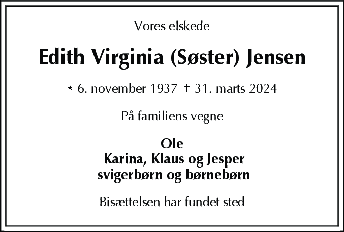 Dødsannonce for Edith Virginia Jensen