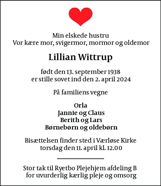 Dødsannonce for Lillian Wittrup