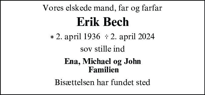 Dødsannonce for Erik Bech