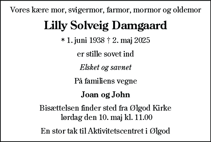 Dødsannonce for Lilly Solveig Damgaard