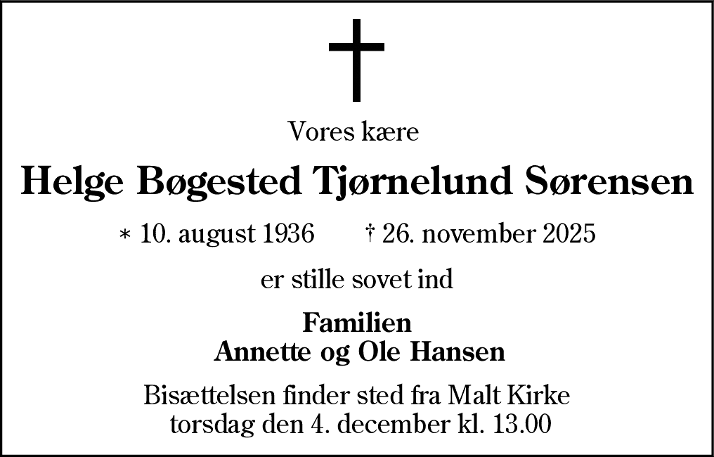 Dødsannonce for Helge Bøgested Tjørnelund Sørensen