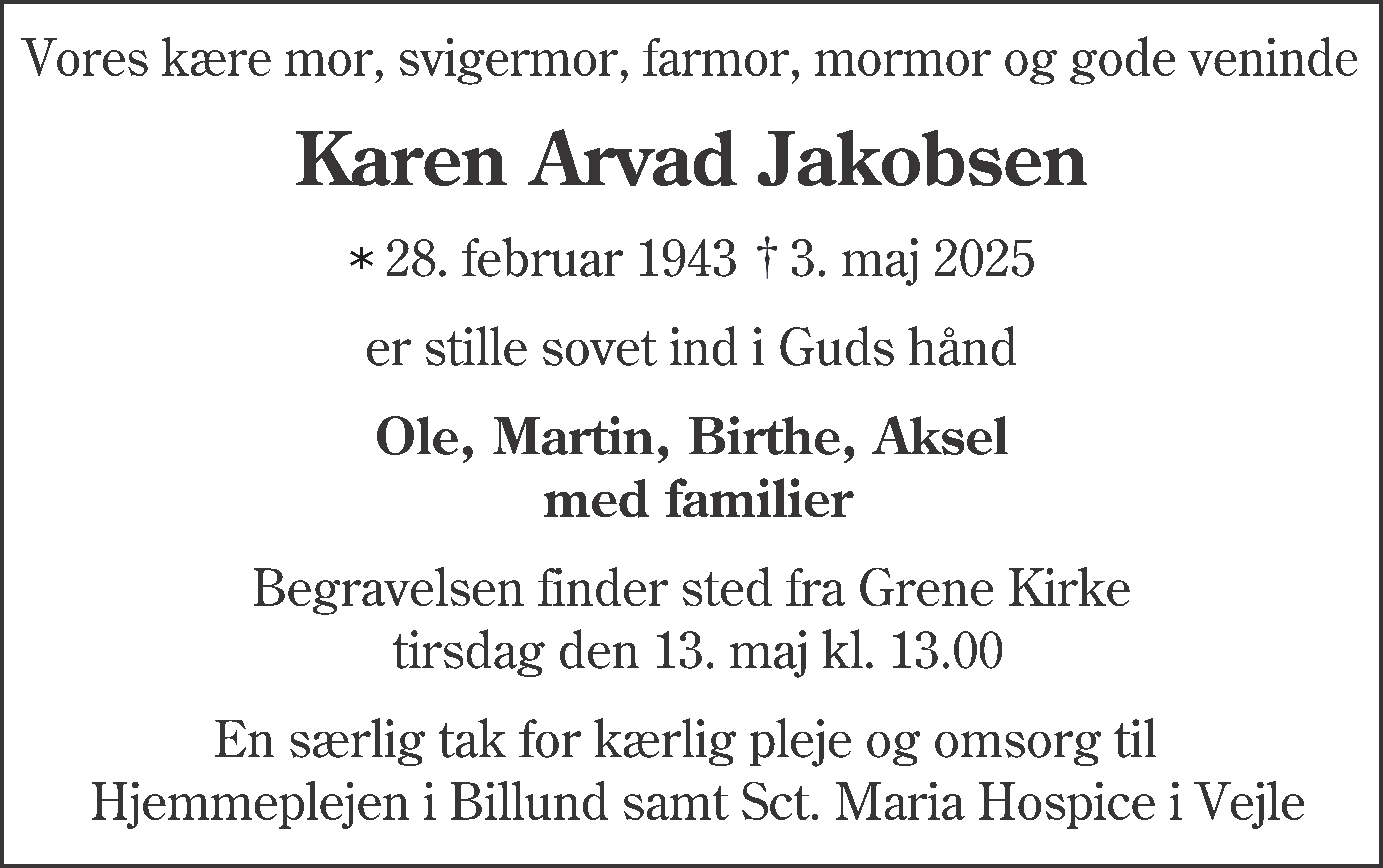 Dødsannonce for Karen Arvad Jakobsen