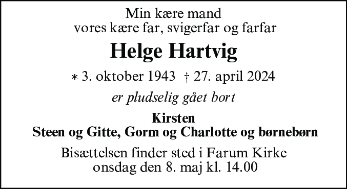 Dødsannonce for Helge Hartvig