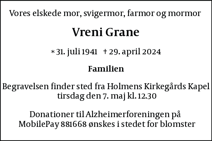 Dødsannonce for Verena Elsa Grane