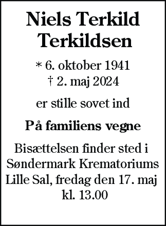 Dødsannonce for Niels Terkild Terkildsen