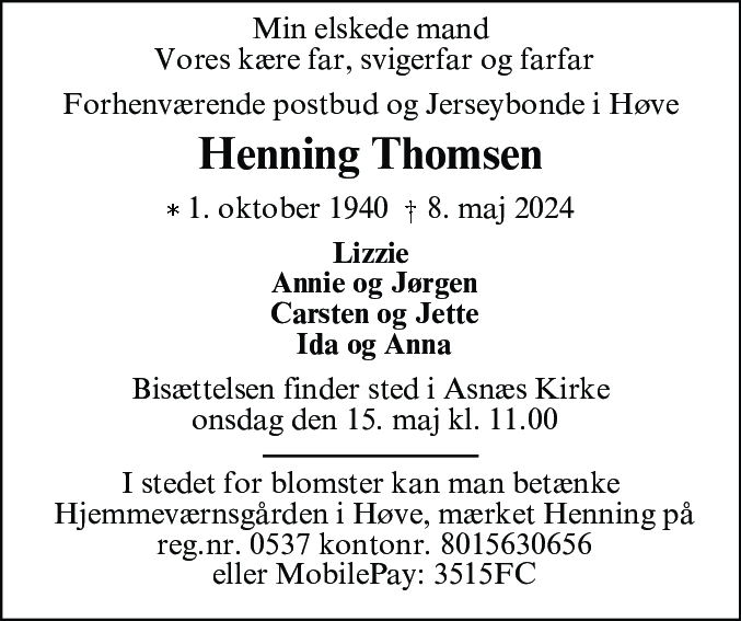 Dødsannonce for Henning Vagn Thomsen
