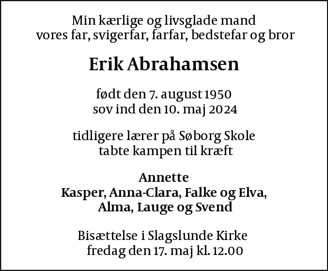 Dødsannonce for Erik Abrahamsen