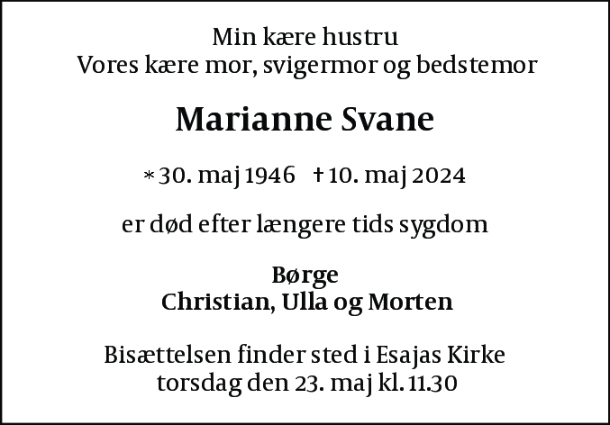 Dødsannonce for Marianne Svane