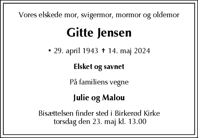 Dødsannonce for Birgit Jensen