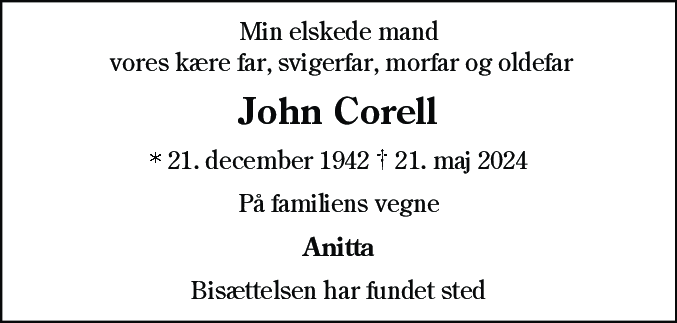 Dødsannonce for John Corell