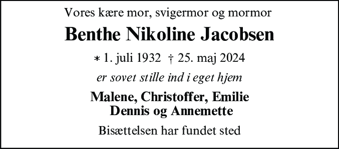 Dødsannonce for Benthe Nikoline Jacobsen