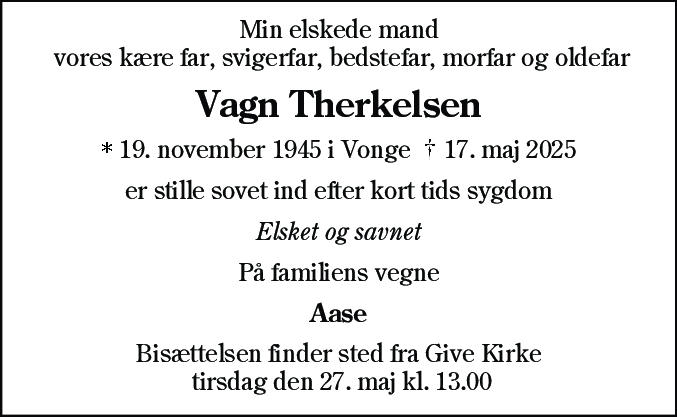 Dødsannonce for Vagn Therkelsen