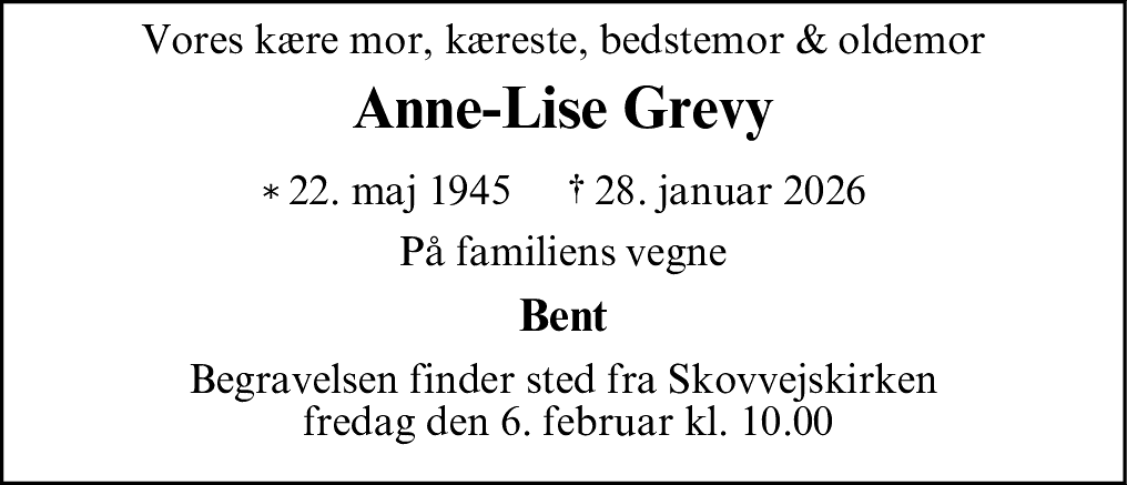 Dødsannonce for Anne-Lise Grevy