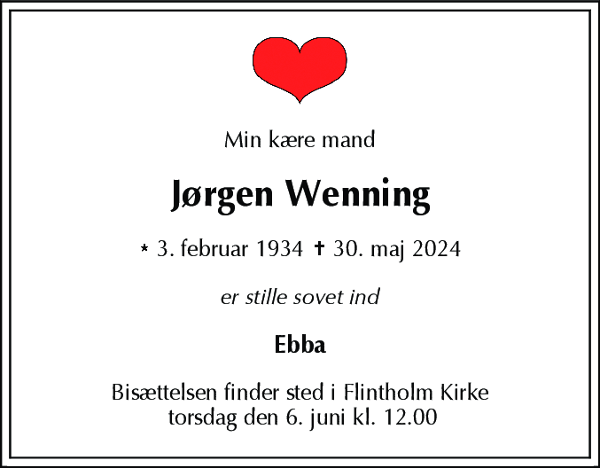 Dødsannonce for Jørgen Wenning