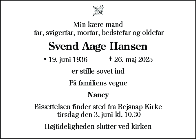 Dødsannonce for Svend Aage Hansen