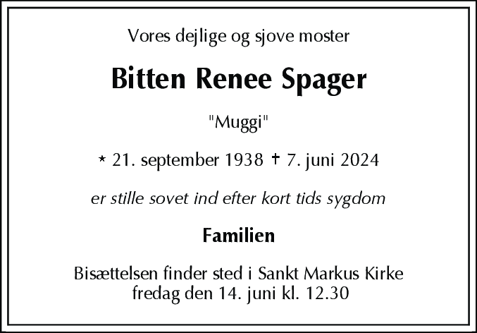 Dødsannonce for Bitten Renee Spager
