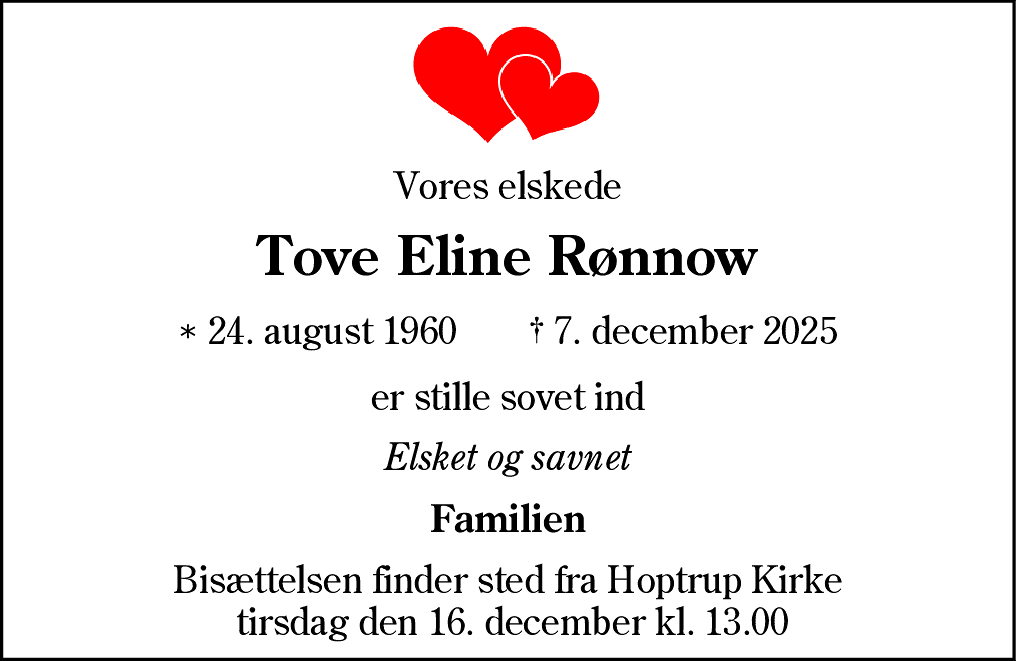 Dødsannonce for Tove Eline Rønnow
