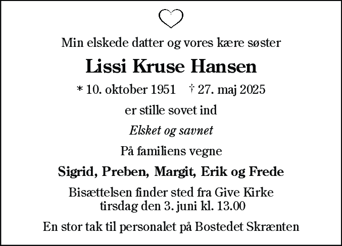 Dødsannonce for Lissi Kruse Hansen