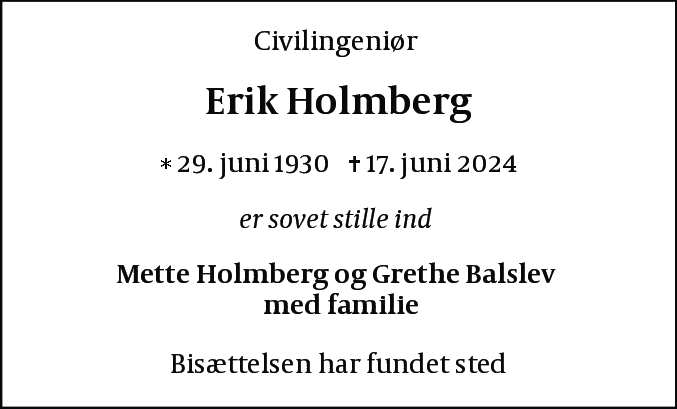 Dødsannonce for Erik Holmberg