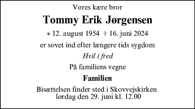 Dødsannonce for Tommy Erik Jørgensen