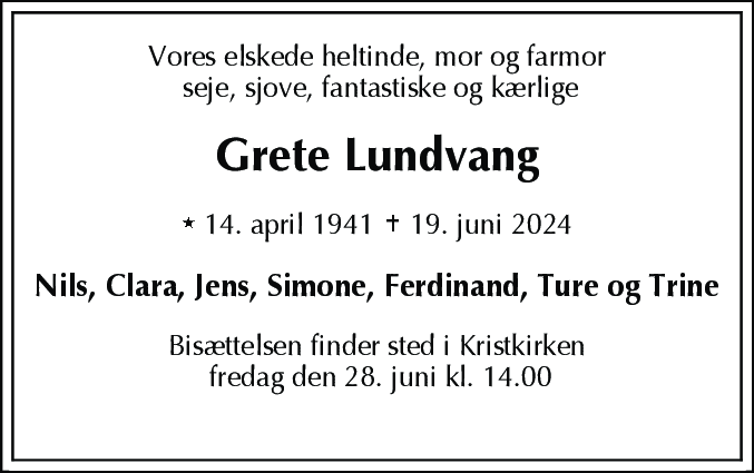 Dødsannonce for Grete Lundvang